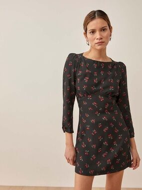 Reformation Tamra Black Cherry Print Long-Sleeve Mini Dress Size 4 Fall Whimsy